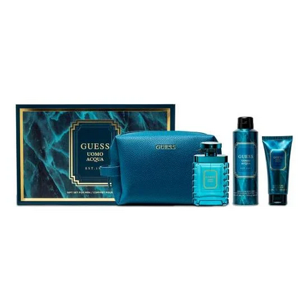 Guess Uomo Acqua 100ml Edt, 170G Body Spray, 100ml Shower Gel, Toiletry Bag