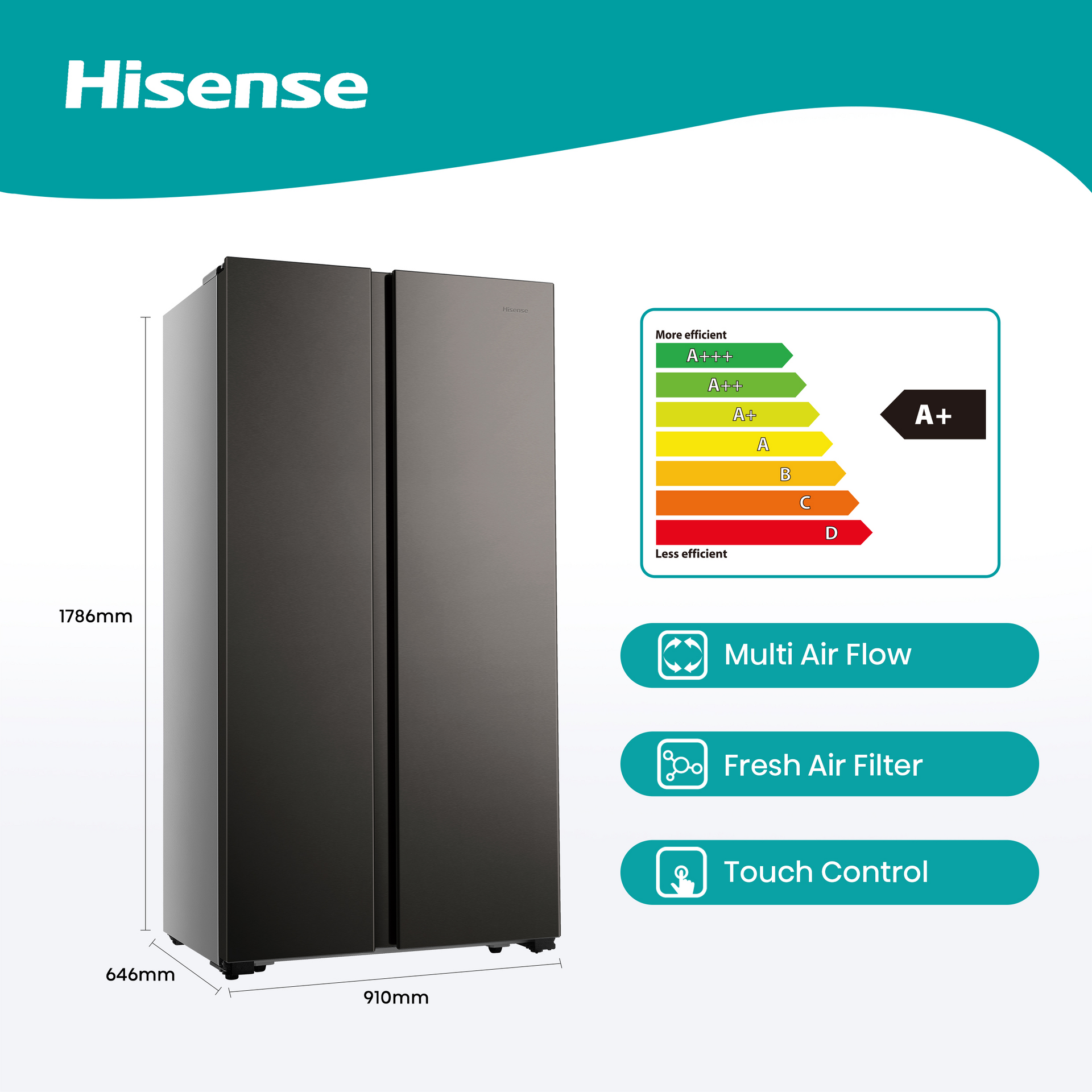 Hisense 516L Side by Side Fridge Freezer Inox H670SIT