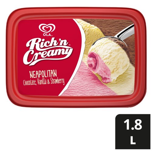 Ola Rich n Creamy Neopolitan Chocolate Vanilla & Strawberry Flavoured Ice Cream Tub 1.8L