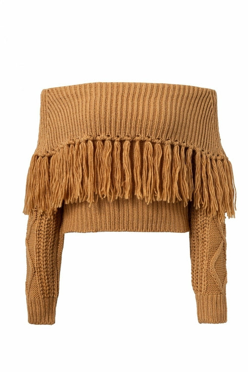 One-shoulder fringed sweater