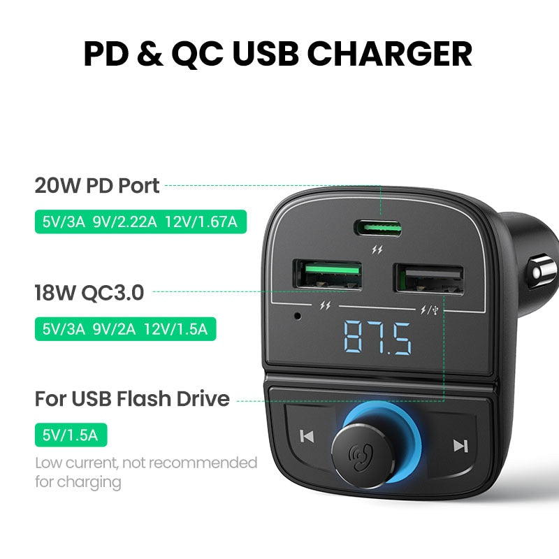 UGREEN Quick Charge 4.0 Car Charger for Phone FM Transmitter Bluetooth