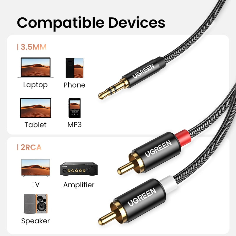 UGREEN RCA Cable HiFi Stereo 2RCA to 3.5mm Audio Cable AUX RCA Jack