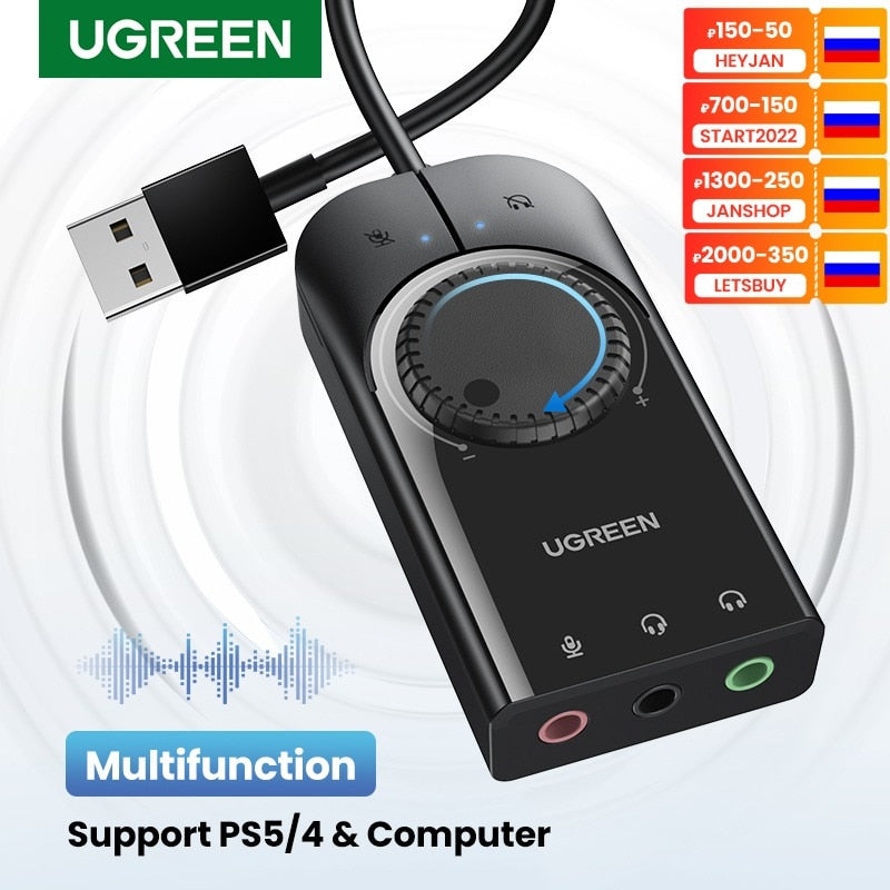 UGREEN Sound Card USB Audio Interface External 3.5mm Microphone Audio