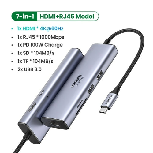 Hub UGREEN 8 in 1 ( HDMI 4K , LAN ,Type C, 3xUSB , SD/TF )