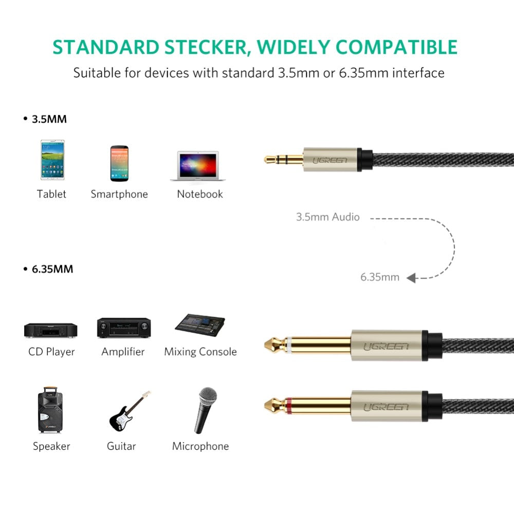 Ugreen Jack 3.5mm to 6.35mm Adapter Audio Cable for Mixer Amplifier