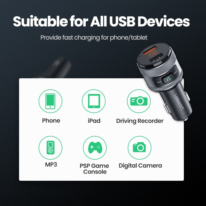 Ugreen USB Car Charger FM Transmitter QC 3.0 Car Charging Fast Charger